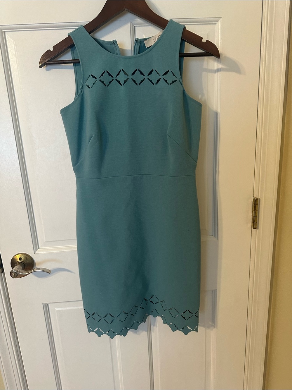 LOFT Teal Sleeveless Sheath Dress with Laser-Cut Detail
